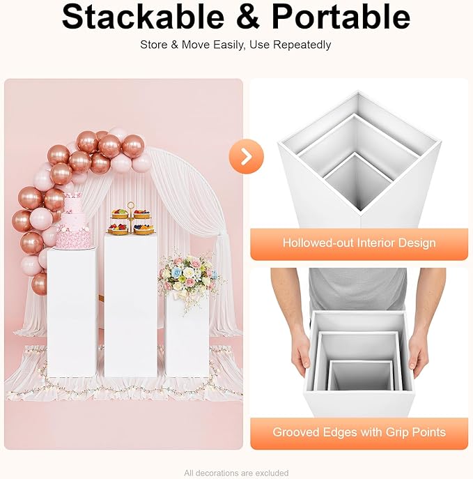 3PCs Metal Pedestal Stand, White Square Pedestal Display Plinth Pillars, Wedding Pedestals Stand Flower Display Rack Decorations, Table Pillars for Birthday Baby Shower Decor Displays ﻿