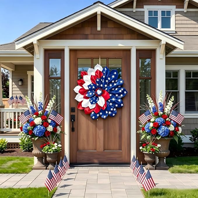 4th of July Decorations Outdoor Patriotic Wreaths for Front Door 250th Anniversary Decorations Red White and Blue American Flag Wreath (Red White and Blue American Flag)