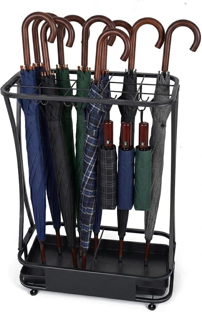 15 Slot Umbrella Stand with 8 Hooks – Heavy Duty Metal Indoor Umbrella Rack Holder with Removable Drip Tray – Large Commercial Entryway Organizer for Office, Lobby or Home