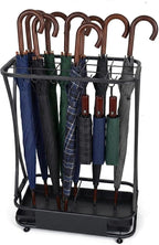 15 Slot Umbrella Stand with 8 Hooks – Heavy Duty Metal Indoor Umbrella Rack Holder with Removable Drip Tray – Large Commercial Entryway Organizer for Office, Lobby or Home