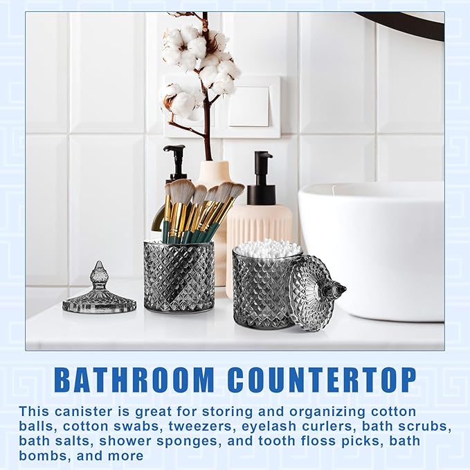Aoriher 4 Pcs Crystal Glass Candy Jar Set with Lids Home Decorative Storage Jars for Apothecary, Bathroom, Kitchen, and Pantry, Ideal for Cotton Swabs and Jewelry(Medium,Gray)