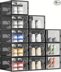 12 Packs Clear Plastic Shoebox With Magnetic Door, Large(13" × 9" × 5.6") Stackable Shoe Box Storage With Lids, Multifunctional Sneaker Containers, Toy Storage, Space-Saving Shoe Rack Black
