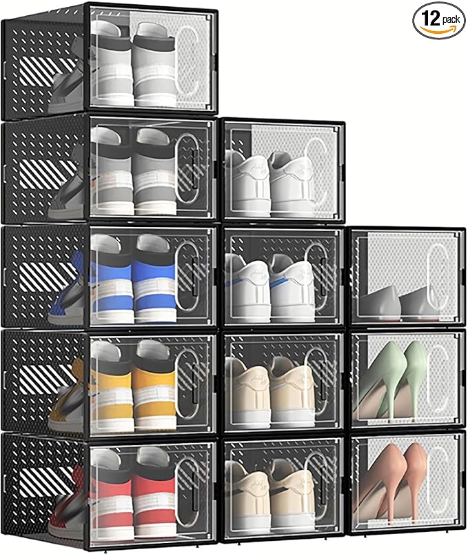 12 Packs Clear Plastic Shoebox With Magnetic Door, Large(13" × 9" × 5.6") Stackable Shoe Box Storage With Lids, Multifunctional Sneaker Containers, Toy Storage, Space-Saving Shoe Rack Black