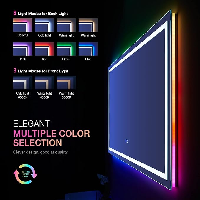 LOAAO 60”X36“ RGB LED Bathroom Mirror with Lights, Large, Anti-Fog, Dimmable Smart Lighted Bathroom Vanity Mirror, Multiple Light Modes, RGB Backlit + Front Light, Memory Function, Tempered Glass