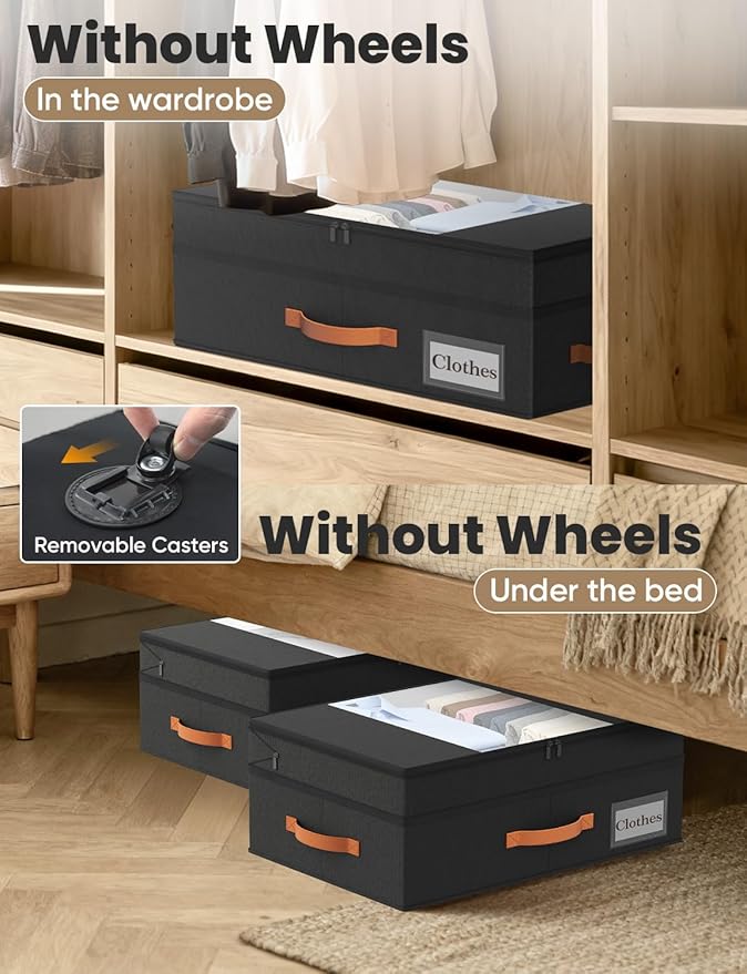 2-Pack Under Bed Storage with Wheels and 6 Vacuum Seal Bags, Adjustable Height 7.9"-10.2",Heavy Duty Capacity,Clear Lid Organizer for Dorm Bedroom Clothes Shoes Books,Quick Assembly Space Saver，Black