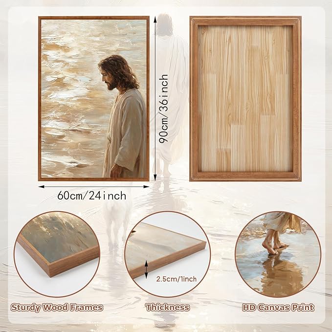KAlRNE Jesus Walking On Water Wall Art Set of 3(24”X36”),Christian Bible Wall Decor,Neutral Spiritual Framed Canvas Paintings,Lost Sheep Art Prints For Living Room Bedroom Church Office