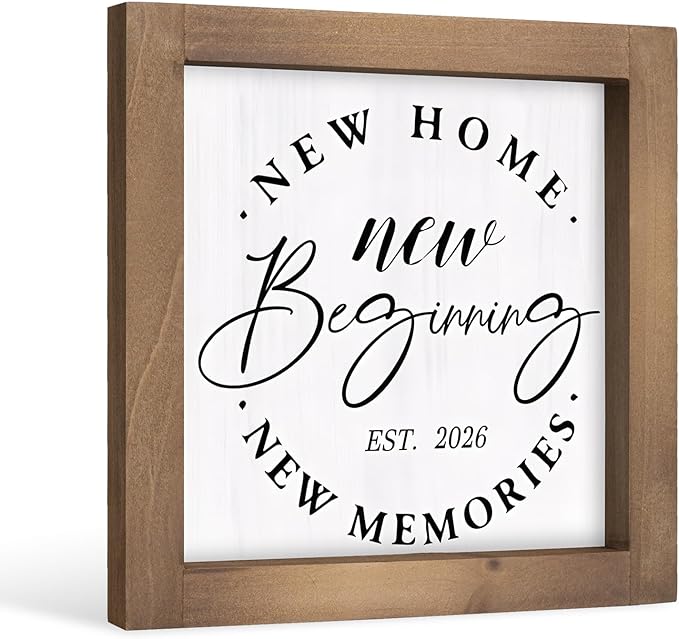 Wooden New Home New Beginnings New Memories Sign, 2026 House Warming Gifts Ideas for Homeowner, Apartment Housewarming Decorations for Indoor Table Shelf Wall Art Tiered Tray Mantel Entryway