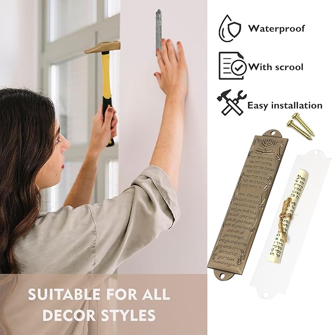 Mezuzah with Scroll for Door, Metal Mezuzah Cases with Lid, Plaque with English and Hebrew Blessing Scripture for Jewish House Warming Gift, Hannukah Decor (2 Sets), Antique Gold & Silver