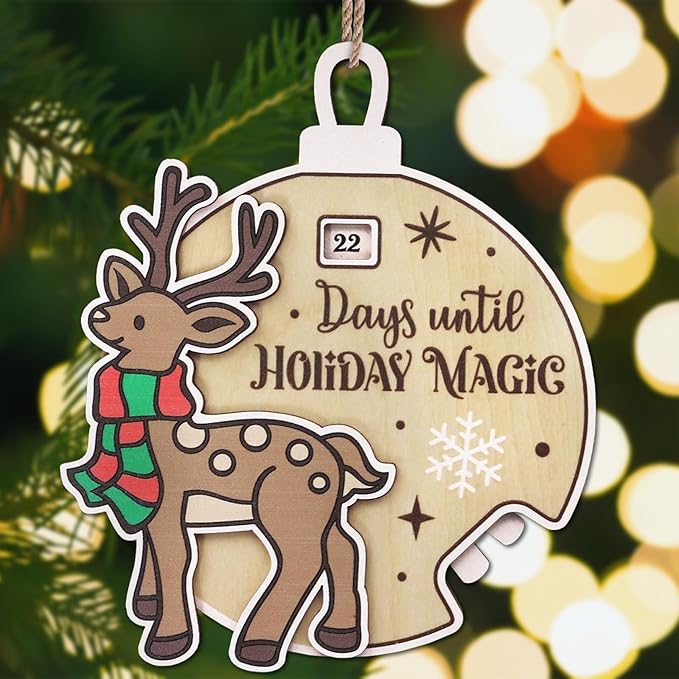 Christmas Reindeer Snowflake Ornaments for Trees Decorations, Wooden Countdown Hanging Pendant Charms Xmas Elk Decorative DIY Craft Hanging Ornaments for Christmas Decorations