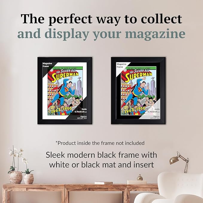 Creative Picture Frames 6.75 x 10.25 Magazine Comic Book Frame with Full-Strength Glass, Holds Up To A 1/4" Thick Media with Installed Hangers for Easy Mounting, 8x12 Black Frame with White Mat