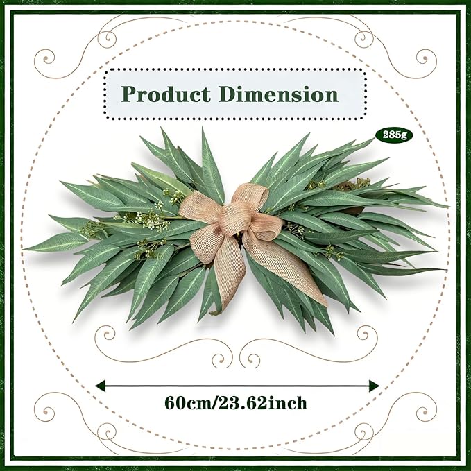 24 Inch Artificial Eucalyptus Greenery Swag with Rustic Linen Bow, Farmhouse Mantel & Wall Decor for Spring, Summer and Year-Round Home or Wedding Decoration(1PCS)
