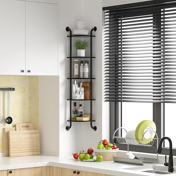 Tinpin Corner Shelf 5-Tier, Wall Shelves for Bedroom, Hanging Corner Shelves Wall Mount, Rustic Industrial Pipe Shelves for Bathroom Thanksgiving Day, Living Room Decor (Black)