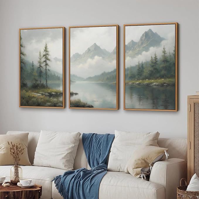 SIGNINART Large Green Forest Framed Canvas Wall Art Set, Misty Mountain Lake Wall Decor, Modern Foggy Wood Landscape Artwork, Nature Oil Painting Art Print for Living Room, Bedroom, Office 24"x36"x3