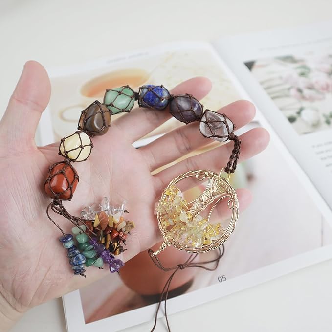 Handmade Crystal Window Car Hanging Ornaments 7 Chakra Home Decoration Feng Shui Ornament Yoga Meditation Car Decoration Tumbled Palm Stones (Style11)