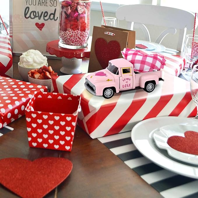 Valentine's Day Mini Metal Truck Romantic Love Model with Pink Hearts Vintage Metal Farm Pickup Truck Farmhouse Tiered Tray Decor for Farmhouse Shelf Kitchen Table Home Decor