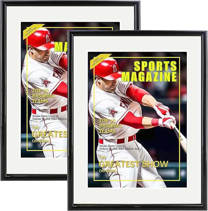 2 Packs Sports Magazine Frame Fits Measuring 8.5 x 11.25 Inch Magazine Display Frame with White Core Matting and Installed Hangers for Wall Hanging