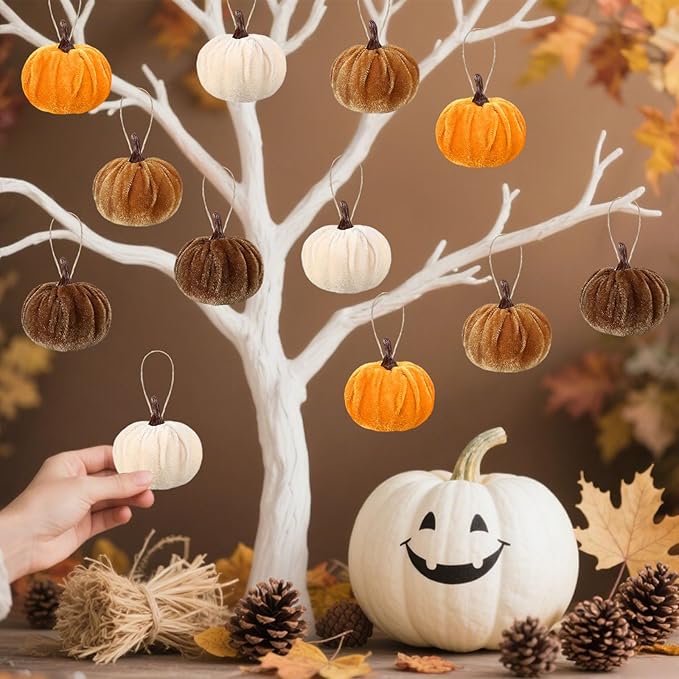 12 Pcs Velvet Pumpkins Fall Thanksgiving Pumpkins Hanging Ornaments Fall Tree Decorations Orange White Brown Velvet Wrapped Pumpkin Ball Decor with Hemp Rope for Thanksgiving Party Tree Farmhouse (A)