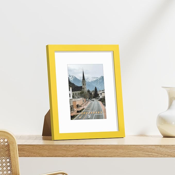 Vittanly 8x10 Picture Frames Set of 9, Shatter Resistant Plexiglass, Display 5x7 Pictures with Mat or 8x10 without Mat, Photo Frames for Wall or Tabletop, Engineered Wood, Yellow