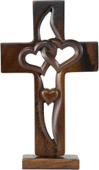 DAICAT - Handcarved Wood Cross with Intertwined Hearts, Crosses Wall Decor, Hand Made Wall Hanging Art Décor, Grift for Wedding (No 6)