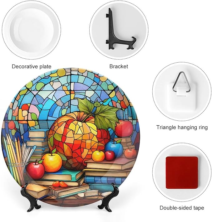 Decorative Plates for Wall Hanging, Back to School Stained Glass Painting Ceramic Plate w/ Display Stand, Home Decor for Kitchen Cabinets, Farmhouse Round Tray 10 Inch, Gift for Teacher Or Student
