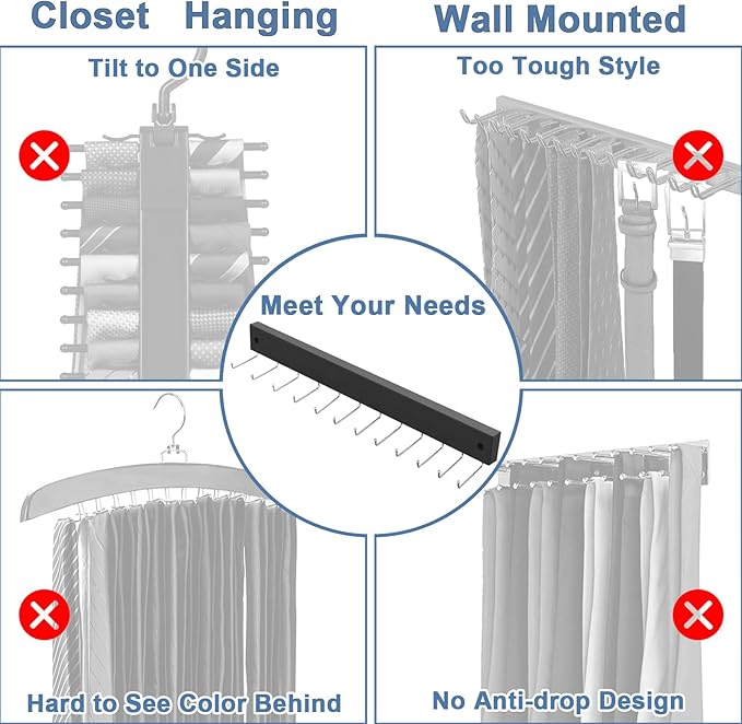 2 Pack Tie Organizer Belt Organizer Wall Mounted, Space Saving Tie Rack Belt Hanger for Closet with 24 Storage Hooks, Belt Tie Holder for Closet Organizer Storage（Black