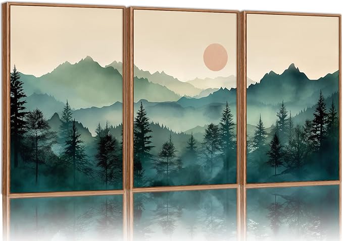 SIGNINART Large Boho Mountain Framed Canvas Wall Art Set, Nature Pine Tree Wall Painting, Abstract Foggy Forest Wall Decor, Modern Sunrise Art Prints for Bedroom Living Room and Office - 24"x36"x3