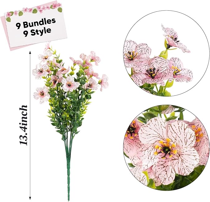 ilauke 9 Bundles Artificial Flowers for Outdoors, Fake Flowers UV Resistant, Faux Flower Plants 9 Colors with Eucalyptus, Plastic Flower Outside Planter Garden Porch Patio Window boxs Yard Decorations