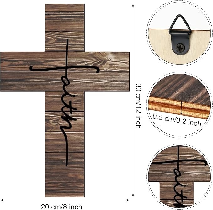 Jetec 3 Pieces Easter Faith Love Hope Cross Sign Crosses Wall Decor Wood Wall Hanging Rustic Cross Vintage Religious Love Art Decor Farmhouse Home Hanging Decorations, 12 x 8 Inch(Brown)