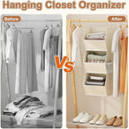 Hanging Closet Organizer 3 Shelf Collapsible Fabric Closet Organizers and Storage Hanging with Mesh Pocket for Clothes, Hanging Wardrobe Organizers and Storage for Sweater T-Shirt Shoes Toys, Beige