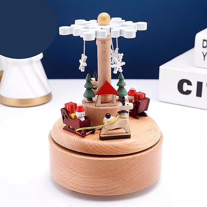 Natural Solid Wood Handcrafted Beech Wooden, Musical FigureTotoro/Carousel/Fairy/Ballerina Figurine,Rotating Hand Crank Mechanism Music Box,Musical Decorations (Merry Christmas)