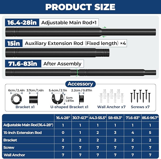Mavivegue Closet Rod, 17 to 84 Inch Adjustable Closet Rods for Hanging Clothes, Heavy Duty Tension Rod, Black Curtain Rod, for Closet, Wardrobes, Bathroom, Laundry