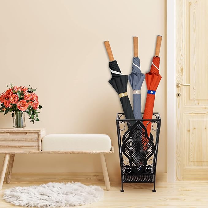 Dualplex Umbrella Holder Umbrella Stand Rack Metal Entry Hallway Décor w/Removable Drip Tray for Home Office Holds Umbrellas Canes Walking Sticks 16" Tall (Square, Antique)
