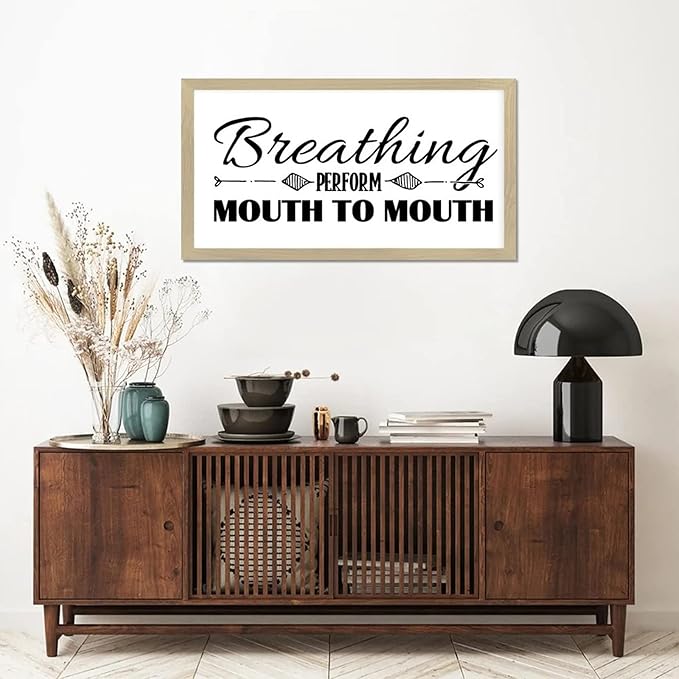 Chic Style Encouragement Quote Hanging Wall Sign with Bible Quotes Breathing Perform Mouth to Mouth Beige Frame Wooden Plaque for Washroom Farmhouse Cottage Porch Wall Decor Housewarming Gift 12x22in