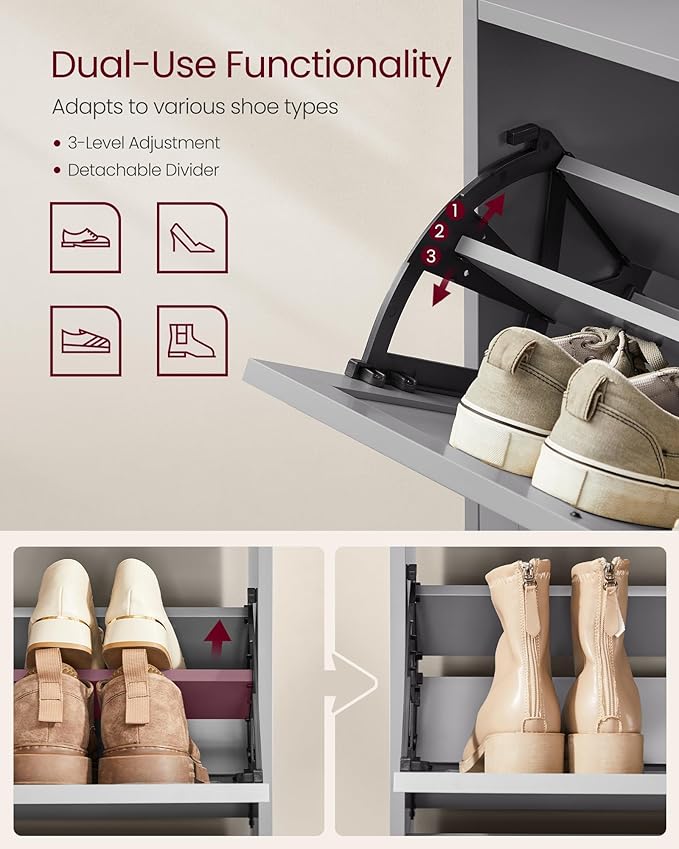 VASAGLE Shoe Cabinet with 3 Flip Drawers, Shoe Organizer, Adjustable and Removable Dividers, Holds 12-20 Pairs, Entryway, 9.4 x 23.6 x 47.7 Inches, Dove Gray ULBC036GD02S