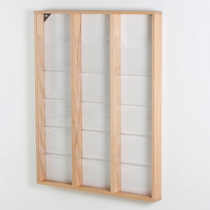M&T Displays Wall Mount Natural Wood Magazine Brochure Rack Wooden Leaflet Literature Catalog Holder Easy Assembly Durable Clear PET G Pocket 15x(8.5x11) Inch for School Office Hospital Hotel Indoor