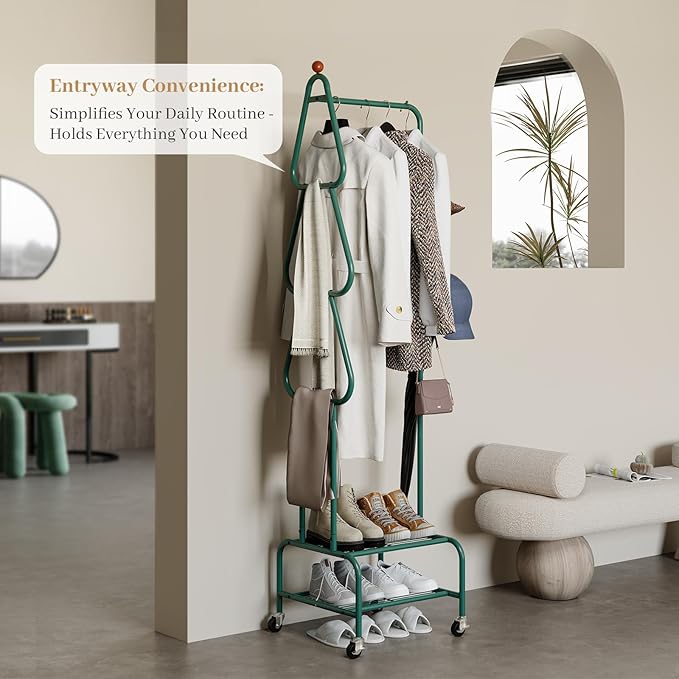 Clothes Rack, Metal Garment Rack with Wheels and Shelves, Rolling Portable Clothing Racks for Hanging Clothes, Freestanding Storage Solution for Small Spaces (Deep Green)