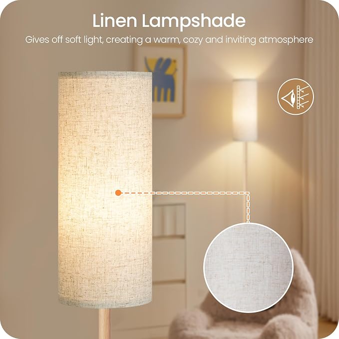 Wooden Textured Pole Lamp, Dimmable Floor Lamps for Living Room with Remote and Foot Switch, 64.4” Standing Tall Lamp, Corner Floor Light for Bedroom, Bulb Included, 3000K-6500K, FCC Listed XE06LD05W1