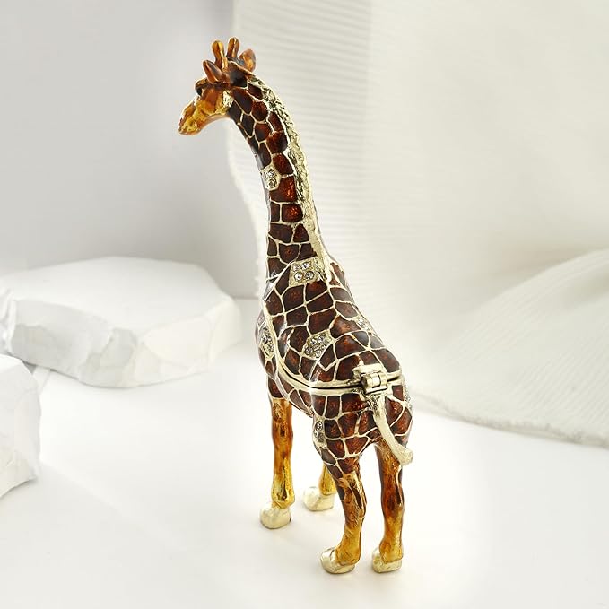 Hand Painted Trinket Box for Home Decor Accents, Enamel Hinged Jewelry Box for Bookshelf Office Table Desk Decoration, Classical Figurine Collectible Keepsake Animal Sculptures (Giraffe-Brown)