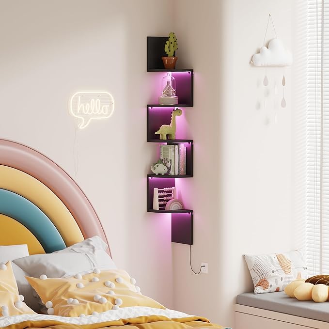 Qupui 5-Tier Tall Corner Shelf with LED Lights, 57 Inch Floating Wall Mounted Corner Shelf for Bedroom Living Room Bathroom, Black Bookshelf Display Stand with RGB Lighting
