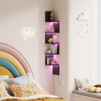 Qupui 5-Tier Corner Shelf with LED Lights, 49 Inch Floating Wall Mounted Corner Shelf for Bedroom Living Room Bathroom, Black Corner Bookshelf Display Stand with RGB Lighting