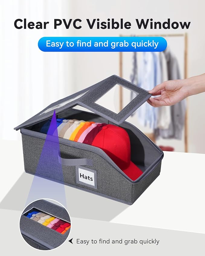 2PCS Stackable Hat Organizer for Baseball Caps, Hat Organizer Holds up to 30 Caps for Closet with Clear Window, Sturdy Frame Hat Storage for Men & Women, Space Saving (Drak Grey)