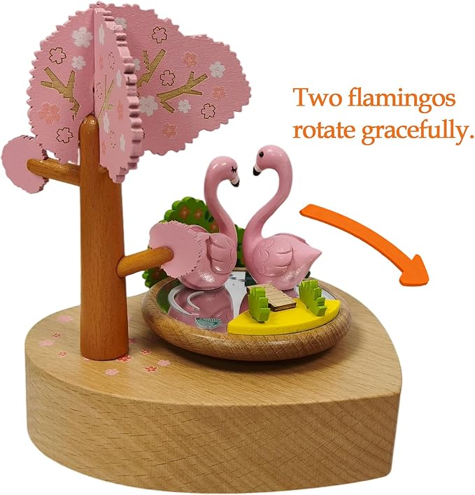 Wooden Flamingo Music Box - Heart Shaped Music Box Base, Flamingos rotate with the music, Mechanical Musical Box, Gift for Birthday, Valentine's Day, Wedding, Anniversary, Home Décor (Flamingos)