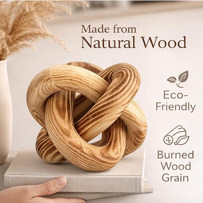 Wood Knot Chain Link Decor - 3 Link Boho Wooden Hand Carved Decorative Wooden Links Knots for Coffee Table Entryway Modern Farmhouse Shelf Decoration (Burn Color)
