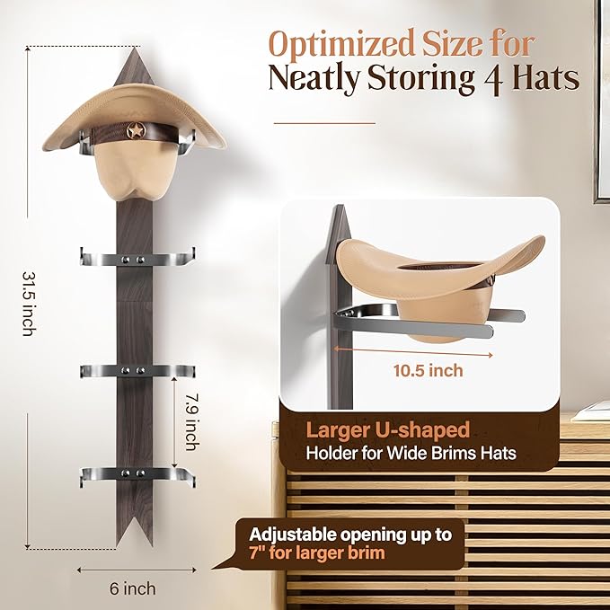 Cowboy Hat Rack for Wall, Cowboy Hat Holder Wall Mount Holds up to 4 Hats, Wooden Western Rustic Metal Hat Hanger with Arrow Sign Board, Hat Organizer for Western Hat, Fedora, Sun Hats (1 pack)