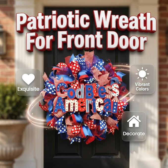 Patriotic Wreaths for Front Door, 250 Anniversary Decorations 4th of July Decorations Outdoor, Handcrafted Memorial Day Wreaths, Festival Celebration USA Flag Printed Wreath (G)
