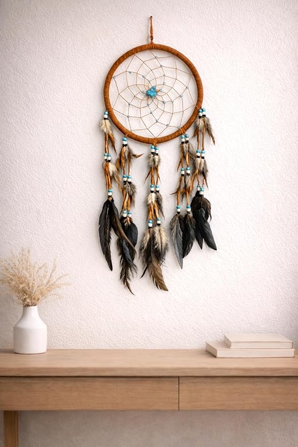 OMA Large Dream Catcher – Brown Suede with Turquoise Stones and Feathers, Traditional Dreamcatcher for Bedroom, Living Room, Dorms & Gift, Size - 28” x 9”