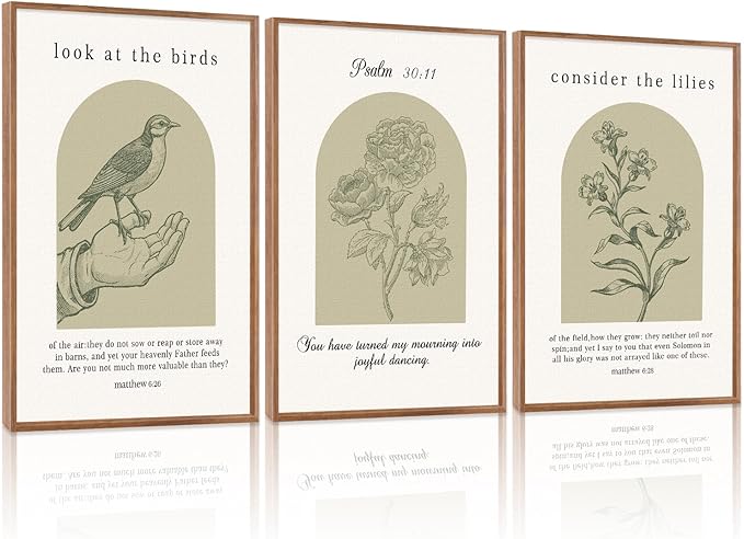 KAlRNE Sage Green Christian Wall Art Set of 3(16”X24”),Vintage Bible Verse Wall Decor,Modern Religious Birds Framed Canvas Paintings,Scripture Lilies Art Prints For Living Room Bedroom Office Church