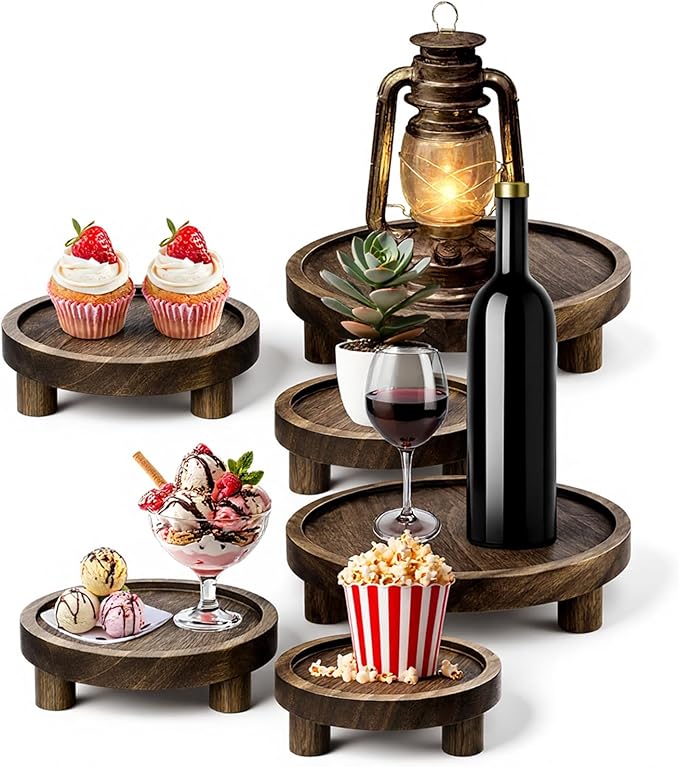 6PCS Wooden Risers for Display, Round Pedestal Counter Decor Holder, Rustic Riser Tray, Wood Cake Stand for Party Home Kitchen Counter Decor, 8/6/5 inch, Rustic Brown