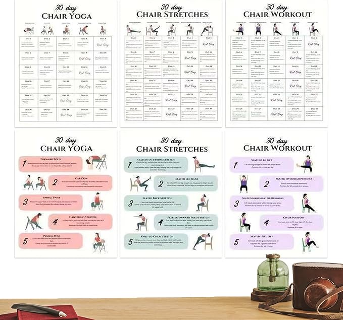 Chair Yoga Program - 30-Day Workout Set | 6-Piece Exercise Kit with Instruction Book, Ideal for Morning Routine Travel Gym Beginners Family Friends Sports Athletes Body Flexibility Strength Building