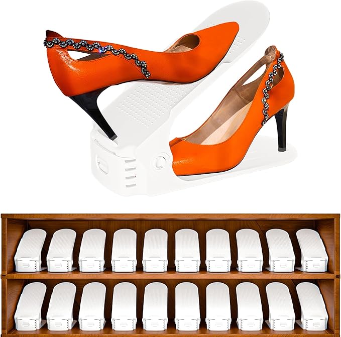 Shoe Slots Organizer, 20PCS Adjustable Double Layer Stack Shoe Rack, 50% Space-Saving Storage Rack Holder, White
